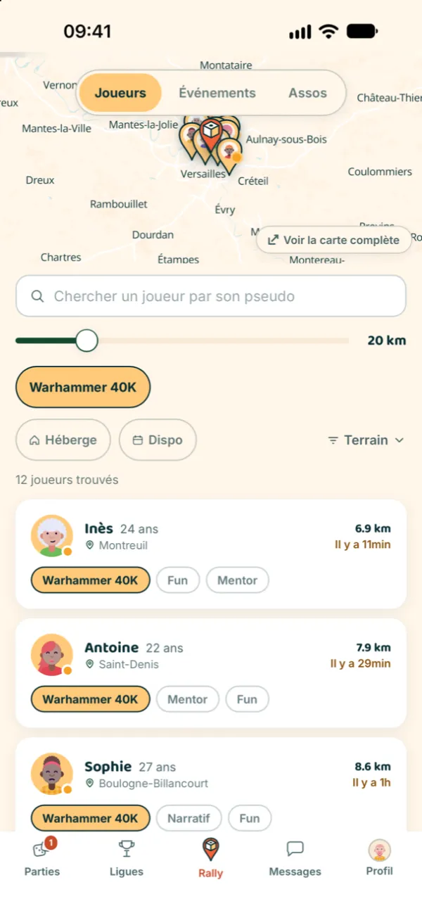 Carte de la découverte : joueurs autour de Paris, liste avec distance, jeux et style de jeu