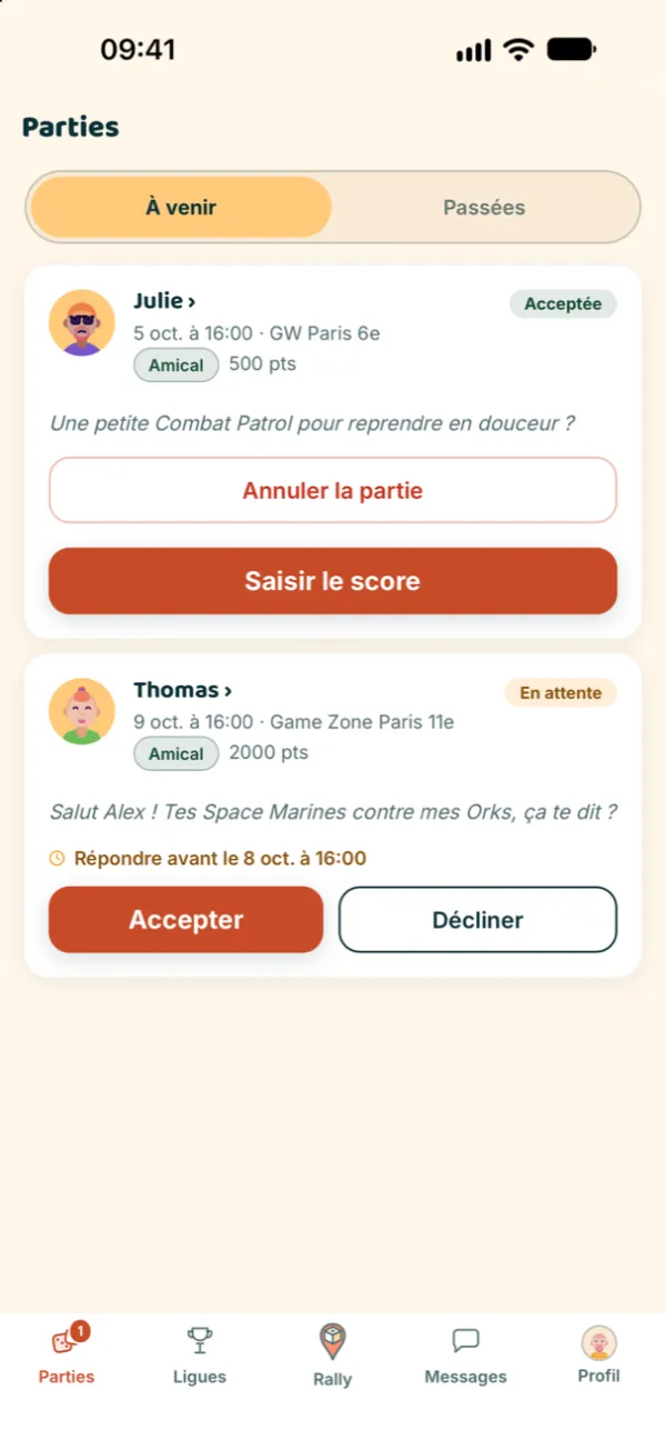 Agenda des parties : une partie acceptée, une proposition en attente avec son message