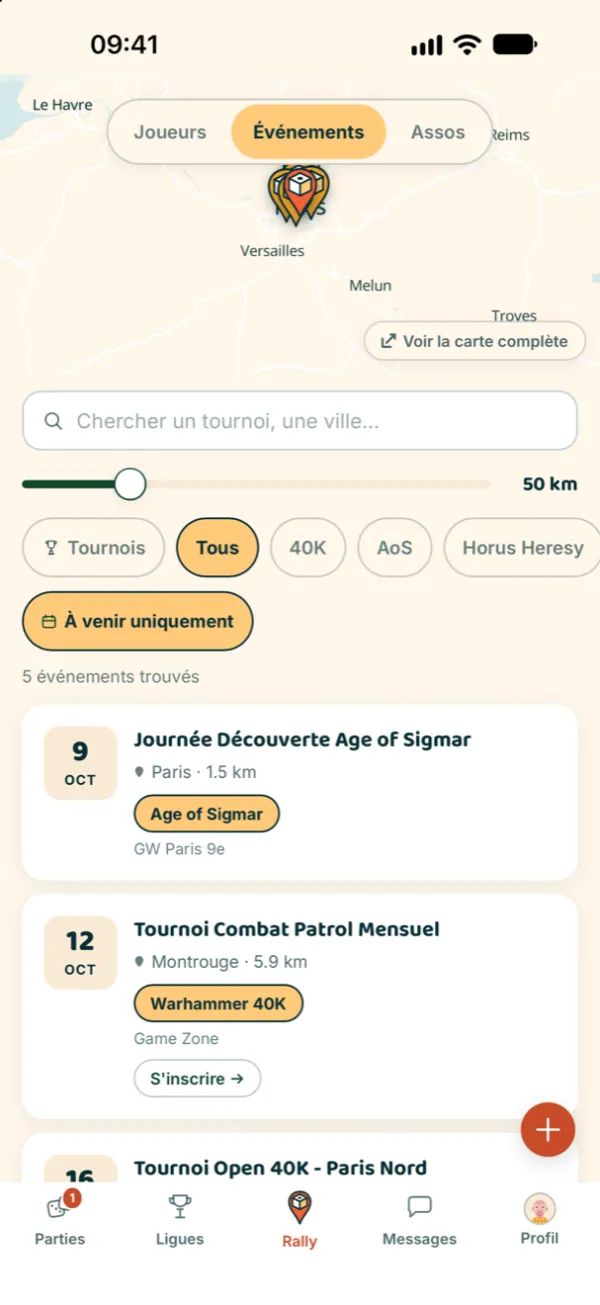 Tournois et événements à venir près de chez toi, filtrables par jeu